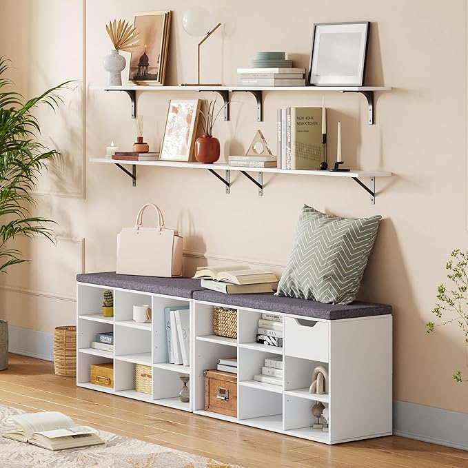 DINZI LVJ Shoe Bench,Entryway Storage Bench with Drawer and 8 Cubbies,Cubby Rack Adjustable Shelves,Shoe Organizer Cabinet for Living Room,Bedroom,Mudroom,Closet Garage,White