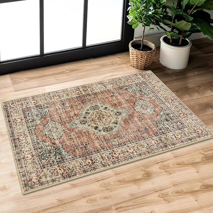 Lahome Oriental Door Mat Indoor Entrance, 2x3 Washable Indoor Rugs for Entryway Soft Small Kitchen Rugs Non Slip Ultra-Thin, Vintage Door Mat Carpet for Bedroom Bathroom, Peach/Orange
