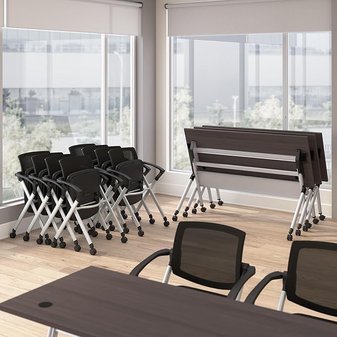 Bush Business Furniture Folding Training Table Set for 2, 60 inch, 2 Mesh Back Folding Chairs with Arms, Commercial-Grade Bundle for Office or Classroom, Envision Collection, Gray