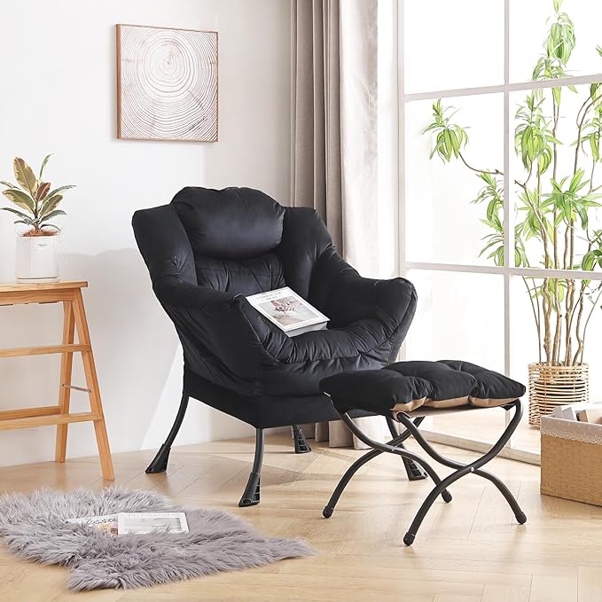 LITA Lazy Chair with Ottoman, Modern Accent Leisure Upholstered Sofa, Contemporary Lounge Reading Chair with Armrests and a Side Pocket for Living Room, Bedroom & Small Space, Black