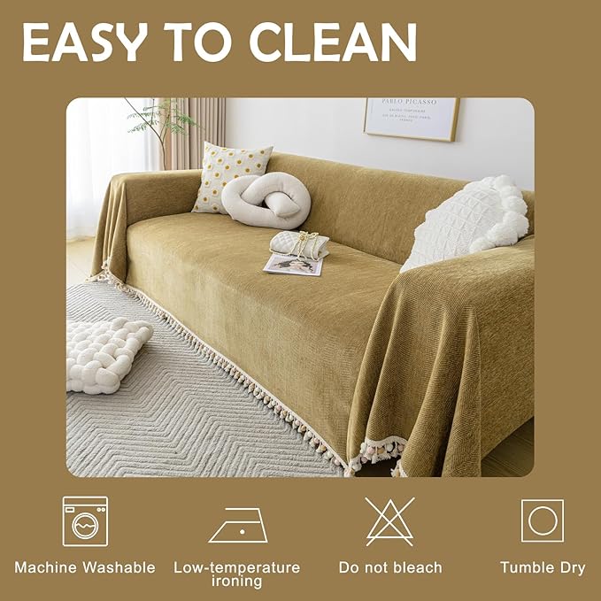 HANDONTIME Couch Covers for Pets Boho Mustard Yellow Love Seat Couch Covers Brown Sofa Cover for Dogs Pet Couch Protector Chenille Tassel Sofa Slipcovers Sofa Throw Cover Boho Decor, 91" X134"