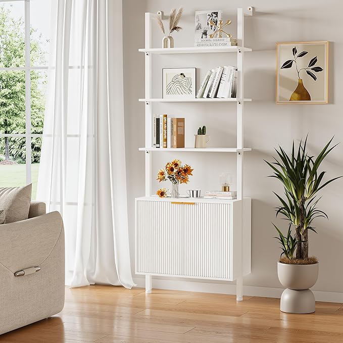 74" Tall Bookshelf with Storage Cabinet, Modern Ladder Shelf with Wood and Metal Frame, Wall Mount Bookcase Open Display Shelf Furniture for Living Room, Bedroom, Home Office, White