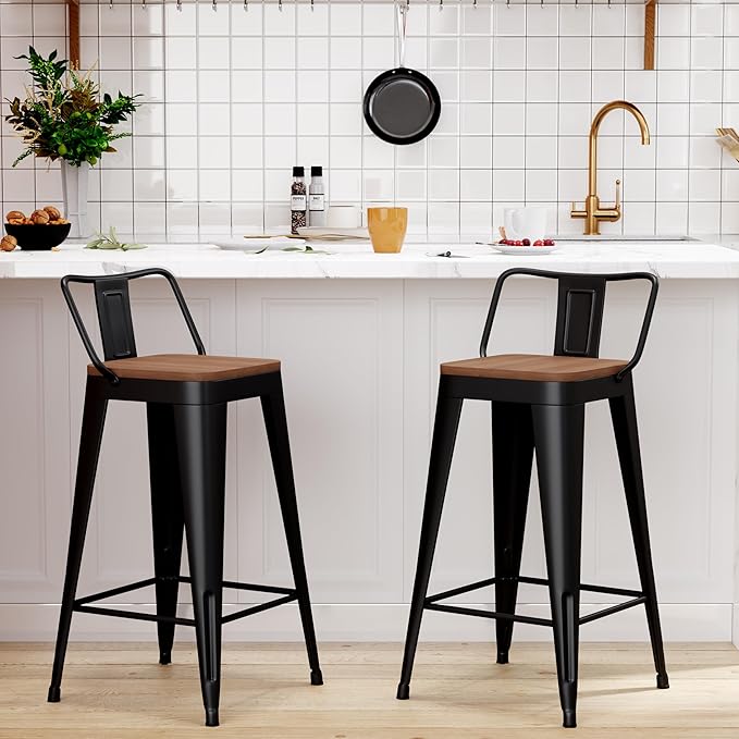WENTMENT Bar Stools Set of 2 Counter Height Metal Barstools with Removable Back 30" Kitchen Bar Stools with Wooden Seat, Black