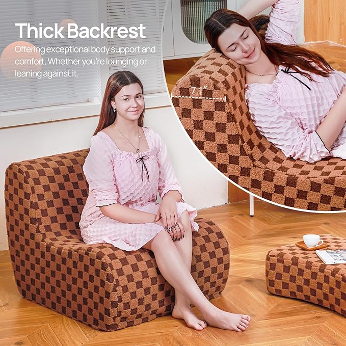 Giant Bean Bag Chair for Adults with Ottoman, Teddy Fabric Beanbag Chair with Memory Foam Filled,Plush Lazy Floor Sofa with Footstool Couch for Living Room,Bedroom,Dorm, Apartment, Brown