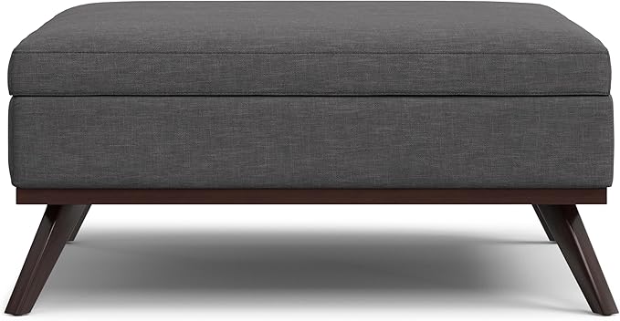 SIMPLIHOME Owen 40 inch Wide Mid Century Modern Square XL Coffee Table Storage Ottoman in Slate Grey Polyester Fabric, Assembled, for The Living Room, Entryway and Family Room