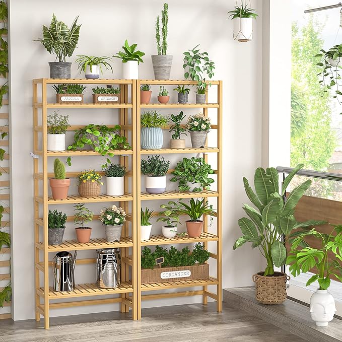 Homykic 6-Tier Bamboo Bookshelves and Bookcases, Adjustable 63.4”Tall Shallow Book Shelf Organizer Rack, Freestanding Storage Shelving Unit for Living Room, Kitchen, Bathroom, Office, Natural