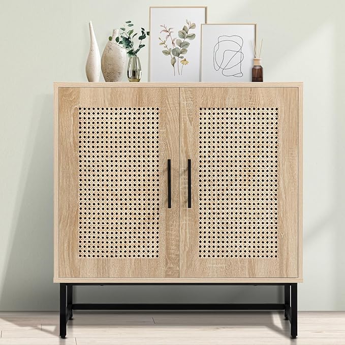 KFO Storage Cabinet with Handmade Natural Rattan Doors, Rattan Buffet Cabinet, Sideboard for Living Room, Hallway, Dining Room, Entryway