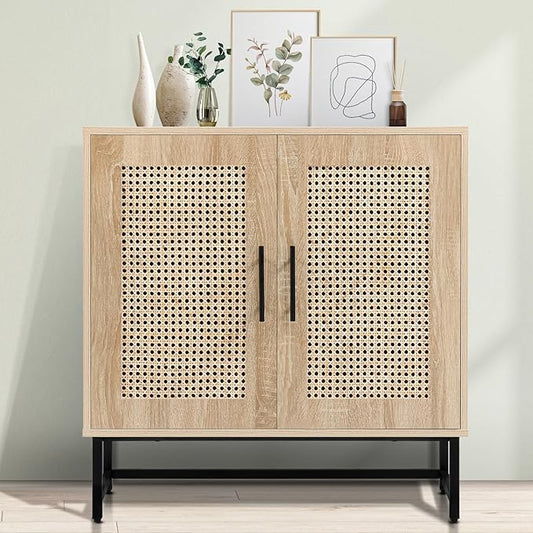KFO Storage Cabinet with Handmade Natural Rattan Doors, Rattan Buffet Cabinet, Sideboard for Living Room, Hallway, Dining Room, Entryway