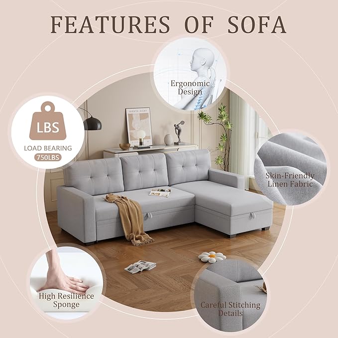 Ball & Cast L-Shape Convertible Sectional Sleeper Sofa Bed 4 in 1 Pull Out Couch with Reversible Storage Chaise & Removable Back Cushions,Sleeper Corner Couch Pull Out Sofa Bed for Living Room,Office