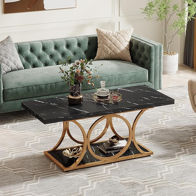 Tribesigns Rectangle Coffee Table, 47.24-inch Modern Coffee Tables for Living Room, 2-Tier Faux Marble Wood Coffee Table with Geometric Metal Legs, Furniture with Storage Shelf (Black & Gold)