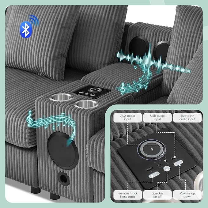 Merax 114 * 64" Corduroy Sectional Couches with Bluetooth Speakers, Storage, Ottoman & Pillows, Upholstered Modular Sofa Chaise with Console, USB Charger, Cup Holders for Living Room Apartment, Grey
