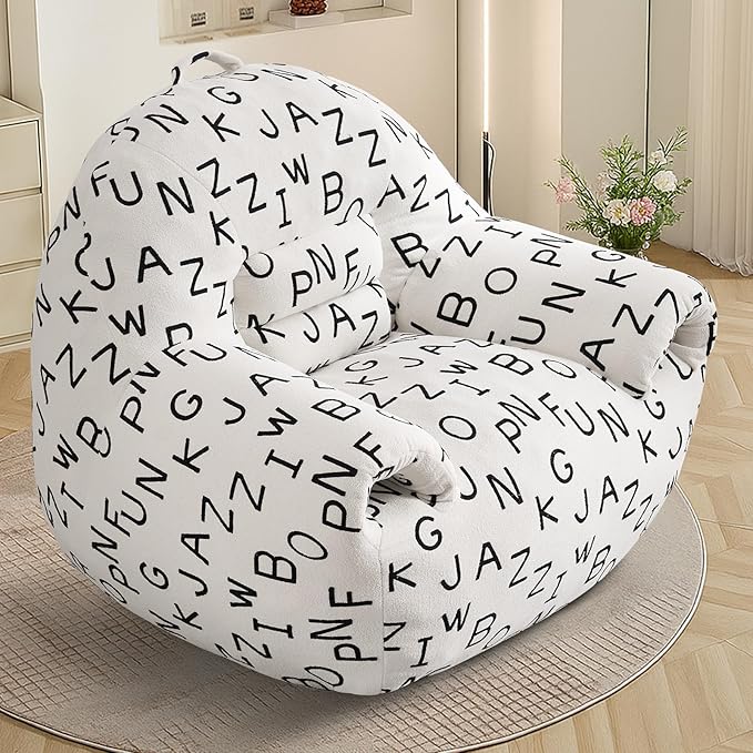 DAICO Bean Bag Chairs for Adults Comfy Bean Bag Sofa Chair with Armrests Single Lazy Floor Sofas Accent Chair with Foam for Living Room Bedroom Reading Gaming Office (Letter White)