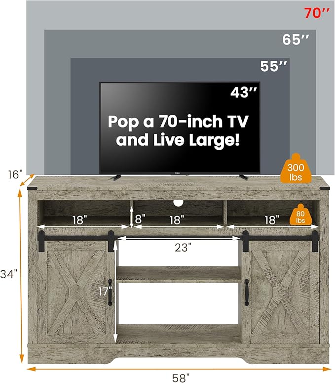 RoyalCraft Farmhouse TV Stand for 23" Electric Fireplace, 34'' Tall Entertainment Center for 65+ Inch TV, 34" Tall Rustic TV Console with Sliding Bar Door for Living Room (Light Grey)