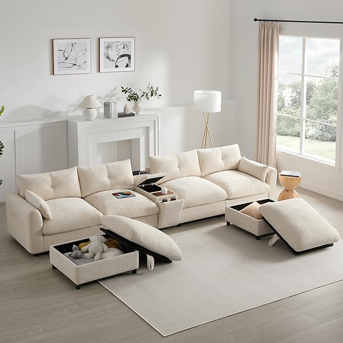 Merax 142'' Modular Sectional Sofa Set with Movable Storage Ottoman and Console, Cup Holder, Wide Seat, 6 Seat U Shaped Couch, Oversized Chenille Sofa with USB Charger for Living Room, Beige