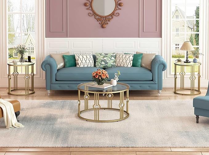 OIOG Glass Coffee Table for Living Room, Gold Coffee Table with Tempered Glass, Round Coffee Table for Office