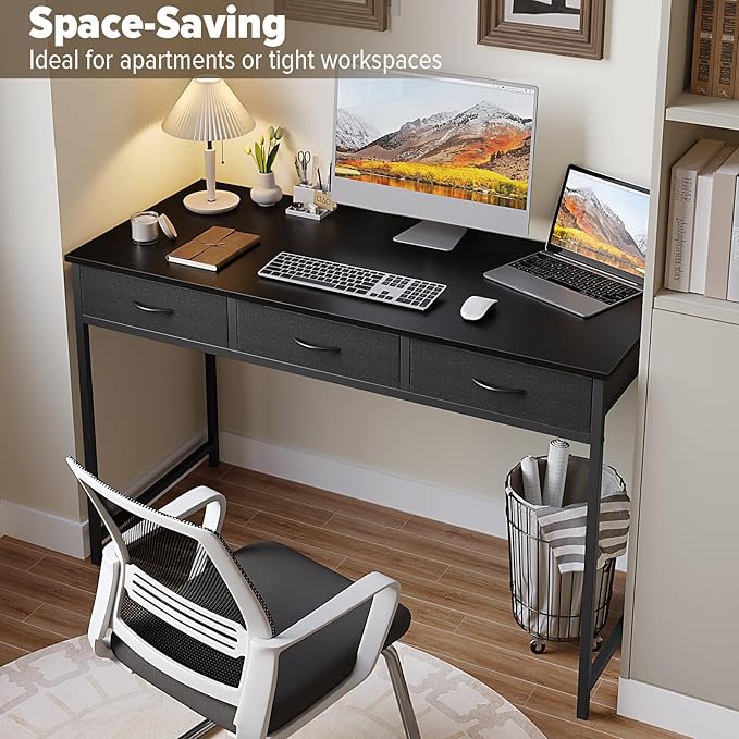 WOHOMO Computer Desk with 3 Drawers, 47.2 Inch Bedroom Desk with Storage, Home Office Desk for Room Spaces, Modern Work Writing Study Tables, Black