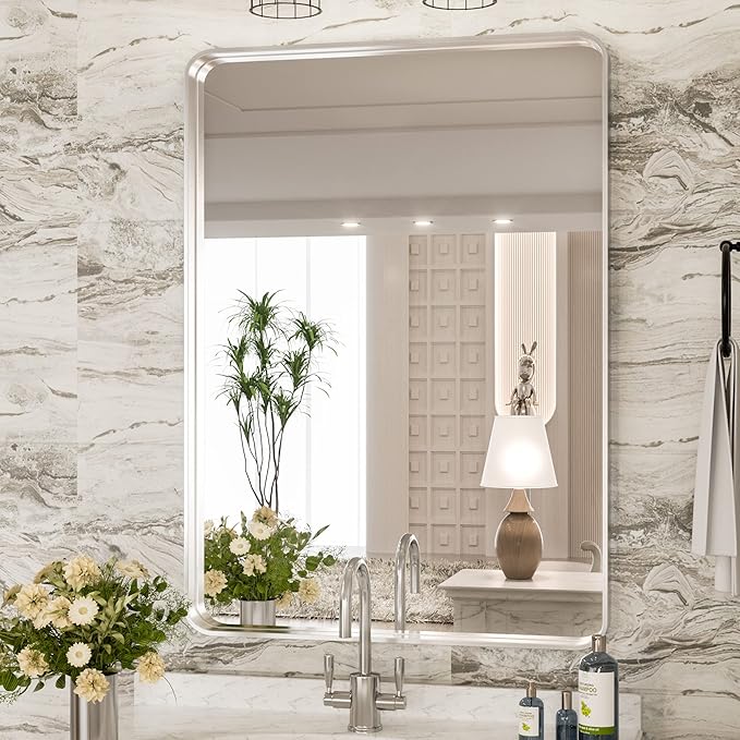 TokeShimi 24 x 36 Inch Brushed Silver Bathroom Mirror for Wall Brushed Brass Metal Rounded Corner Rectangle Mirror Metal Frame Deep Set Design Hangs Horizontal Or Vertical