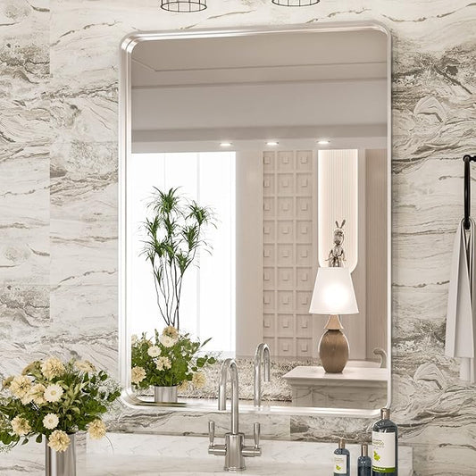 TokeShimi 24 x 36 Inch Brushed Silver Bathroom Mirror for Wall Brushed Brass Metal Rounded Corner Rectangle Mirror Metal Frame Deep Set Design Hangs Horizontal Or Vertical