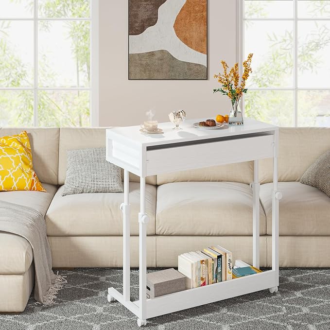 Tribesigns Portable Desk with Drawers, Mobile Laptop Desk with Wheels, Sofa Side Table Bed Desks, Small Standing Desk for Home Office (White)