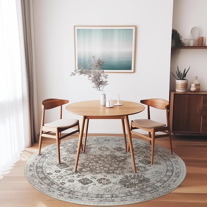 zesthome 8ft Round Rugs for Living Room, Non-Slip Washable Round Area Rugs, Ultra-Thin Large Circle Rugs, Soft Low Pile Rug for Bedroom, Kitchen - Vintage Stain Resistant Round Rug (Brown/Beige,8'x8')