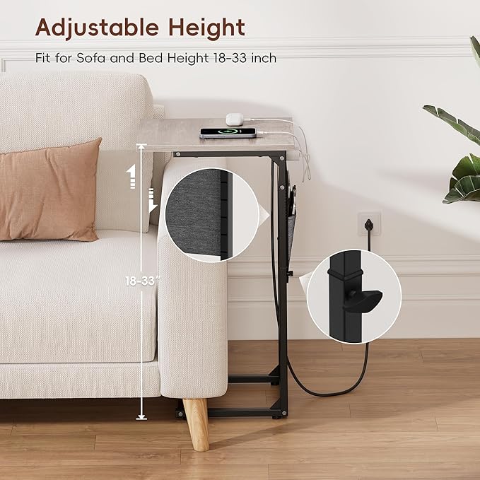 VAGUSICC C Shaped End Table with Charging Station, Adjustable Height Side Table for Couch Recliner, Small Sofa Table with Storage Bag, Slide Under Sofa TV Tray Arm Table for Living Room, Bedroom, Gray