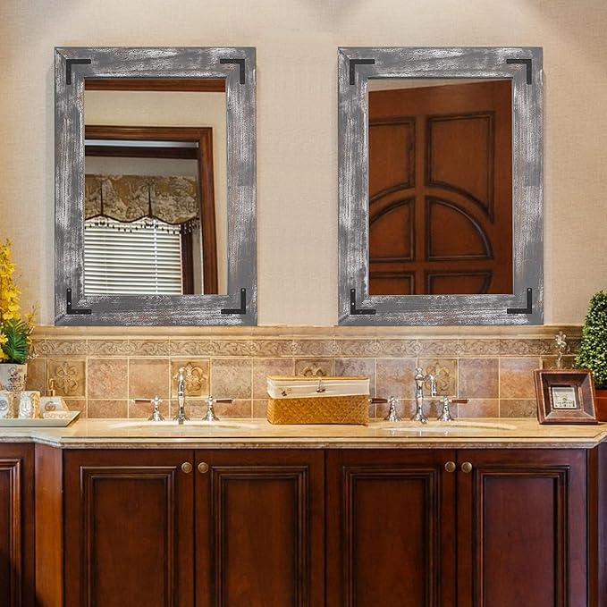 YOSHOOT Rustic Wooden Framed Wall Mirror, 30"x20", Natural Wood Bathroom Vanity Mirror for Farmhouse Decor, Vertical or Horizontal Hanging