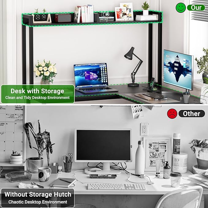 Unikito L Shaped Gaming Desk with LED Strip and Power Outlets, Reversible L-Shaped Computer Desk with Storage Shelves, Corner Desk with Hutch, 2 Person Home Office Desk, Black