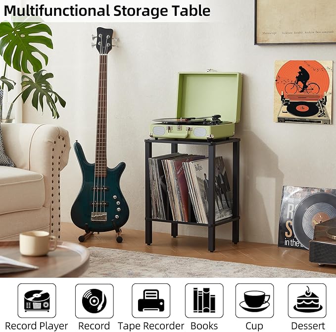 LELELINKY 2-Tier Record Player Stand with Vinyl Record Storage up to 100 Albums, Bedroom Record Holder and Multi-Functional End Table for Living Room, Black