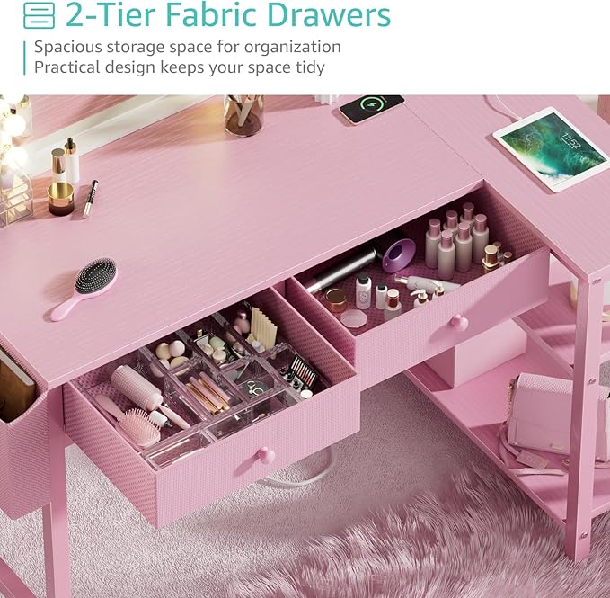 DLisiting Pink Reversible L Shaped Desk with Drawers and Shelves, Small Kids Study Vanity PC Computer Desk with Storage for Girls, Corner L-Shaped Desks for Small Space Bedroom