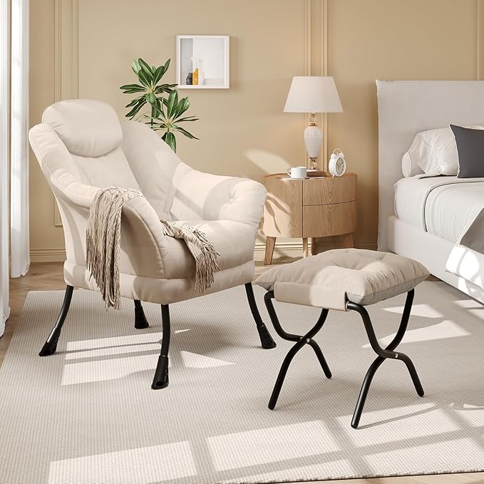 IDEALHOUSE Lazy Chair with Ottoman - Modern Living Room Chairs for Small Spaces, Ergonomic Reading Chair with Armrests, Comfy Chair with Ottoman for Bedroom & Living Room, Beige
