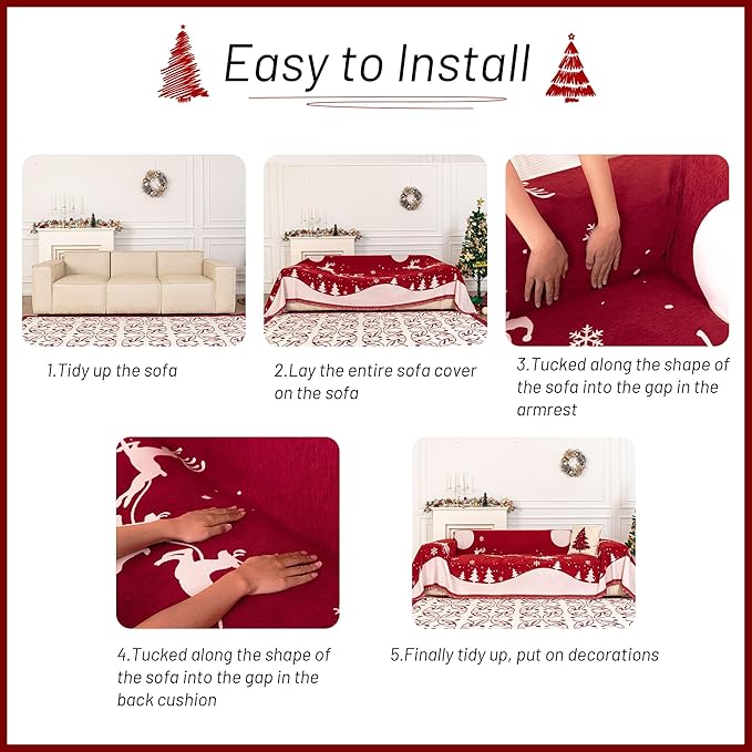 MYSKY HOME Christmas Couch Cover, Washable Pet Couch Covers for Sofa, Sectional Couch Covers L Shape Throw Sofa Slipcover, Soft Washable Sofa Covers for 2 Cushion, 71"x118", Red