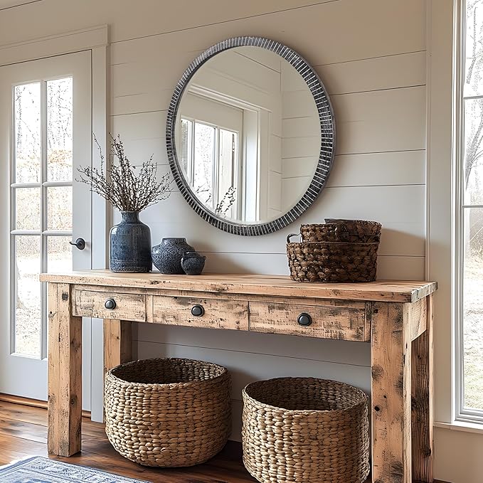 35" Round Wood Mirror, Rustic Circle Wall Mirror with Beveled, Wooden Round Mirror for Wall Decor, Decorative Wall-Mounted Mirror for Entryway, Living Room, Washed Black Frame
