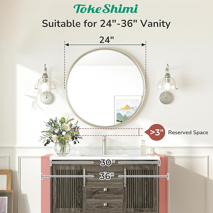 TokeShimi 24 Inch Circle Bathroom Mirror Brushed Nickel, Tempered Round Wall Mirror, Shatterproof 24x24 Hanging Wall Mirrored Farmhouse for Bedroom, Entryway, Restroom, Vanity, Living Room