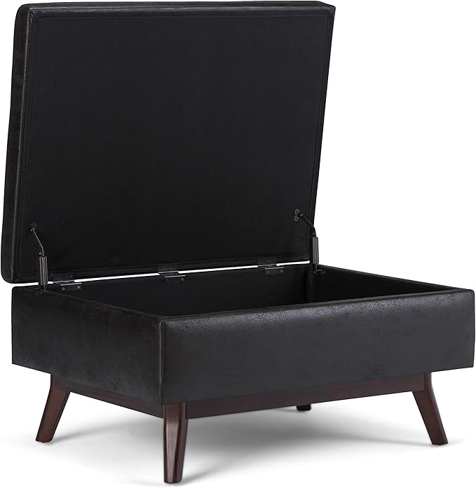 SIMPLIHOME Owen 34 inch Wide Mid Century Modern Rectangle Coffee Table Storage Ottoman in Distressed Black Vegan Faux Leather, Assembled, for the Living Room, Entryway and Family Room