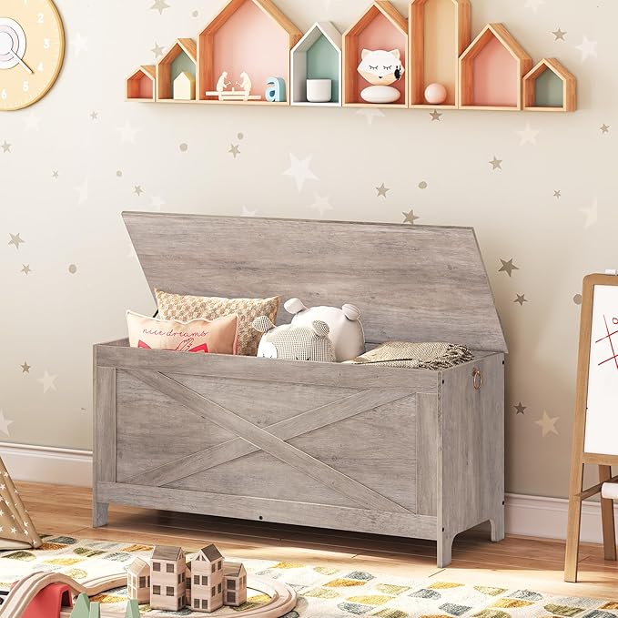 39.4" Toy Chest, Sturdy Entryway Storage Chest with Safety Hinges, Retro Toy Box, Wooden Look Accent Furniture for Living Room, Bedroom,Greige SCHG48101