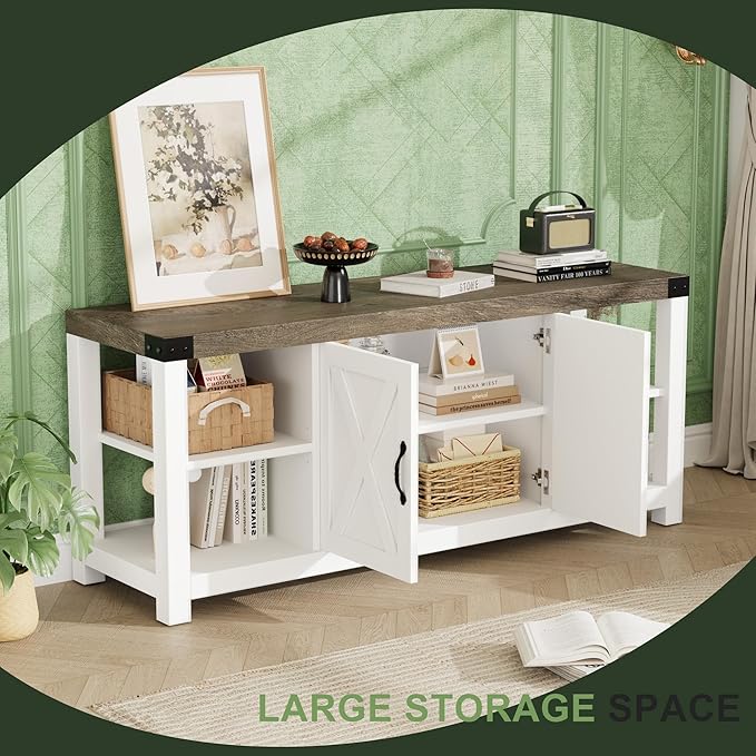 TV Stand for 65 Inch TV, 60 Inch Entertainment Center with Storage, Farmhouse TV Console Table with Shelves, Wooden Media Console Cabinet with Doors, Modern TV Stand for Living Room, Bedroom - White