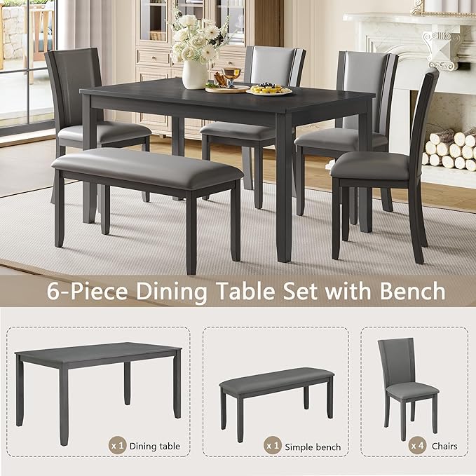 Ball & Cast 6 Piece Dining Table Set with 4 Upholstered Chairs & 1 Bench,Farmhouse Wooden Living Room Furniture for 6 W/ 58.5" Rectangle Kitchen Desk,for Restaurant,Home Bistro,Dining Room,Gray