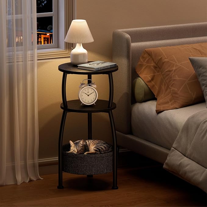 Small Round end Table for Living Room with Storage Basket –Small Space Saving End Table 3-Tier Accent Nightstand Couch Corner Table for Sofa, Bedroom, Patio and More 24in Tall Classic Black