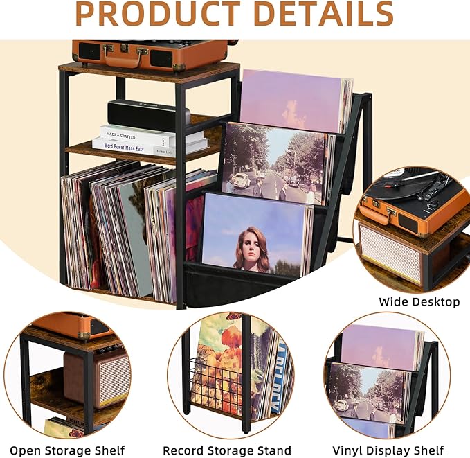 LELELINKY Record Player Stand with Vinyl Storage, 3 Tier Turntable Stand with Display Shelf Storage Up to 180 Albums,Brown End Table Records Cabinet for Media Stereo Speaker, Amplifiers, Magazines