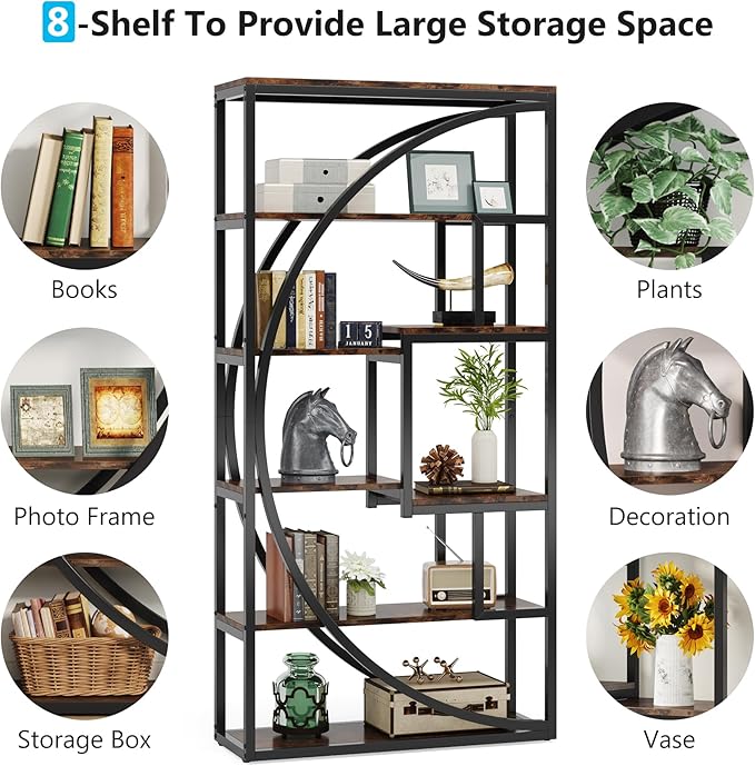 Tribesigns Bookshelf, Industrial 5-Tier Etagere Bookcase, 70.8 inch Tall Bookshelf with 8 Open Storage Shelf, Book Shelf Display Tack Shelving Unit for Home Office Living Room, Rustic Brown