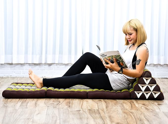 Leewadee - Comfortable Japanese Floor Mattress Used As Thai Floor Bed with Triangle Cushion, Futon Mattress Or Thai Massage Mat, 67 x 21 inches, Brown Green