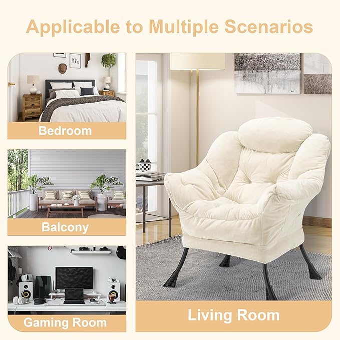 Fabric Lazy Chair for Adults, Oversized Upholstered Sofa Chair, Plush Comfy Lounge Chair with Large Side Storage Pocket, Thick Padded Reading Chair for Living Room, Bedroom, Study Room, Beige