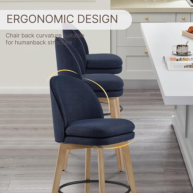 Counter Height Barstools 26 inch Upholstered Swivel Bar Stools with Back and Wood Legs for Kitchen Island,Set of 3,Blue Fabric-Armless