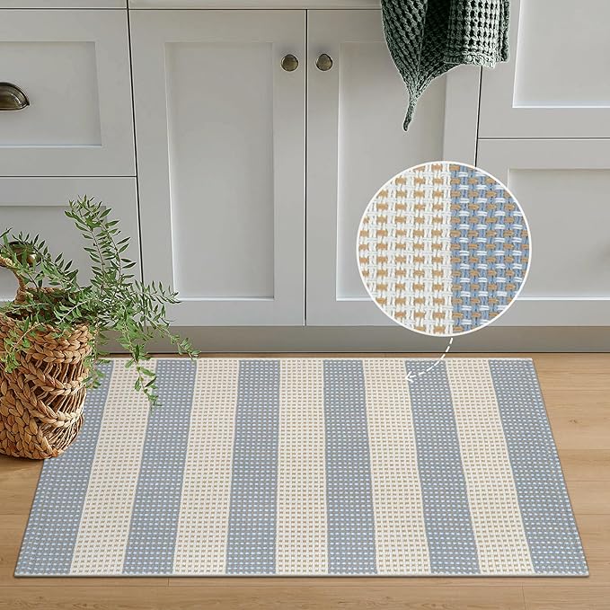 OJIA Front Door Mats Outdoor 24"x36" Machine Washable Indoor Outdoor Rugs Doormat Cotton Woven Entry Rug Striped Small Area Rugs for Front Porch/Bathroom/Farmhouse/Home Entrance (Blue/White/Tan)