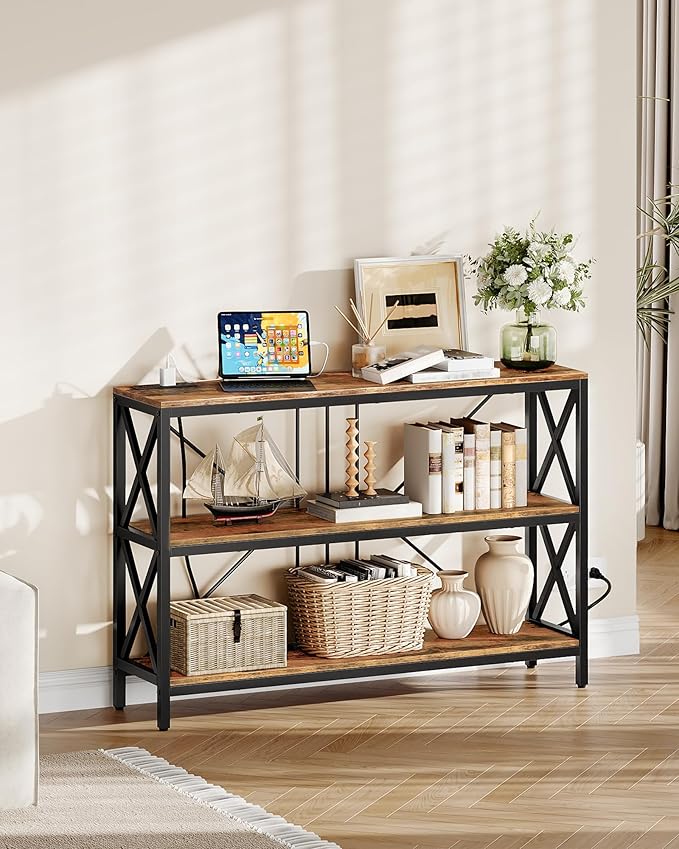 47.2" Console Table with Charging Station, 3-Tier Entryway Table, Industrial Sofa Desk, Hallway Desk with 2 AC Outlets and 2 USB Ports Metal Frame, Rustic Brown and Black TXG01UBF