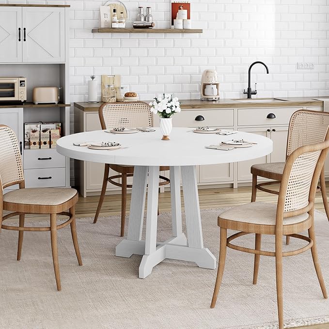 Garvee Dining Table for 4 to 6 People, 47 Inch Round Dining Table, Wooden Kitchen Table with Sturty Legs, Dining Room Table for Dining Room, Kitchen，White