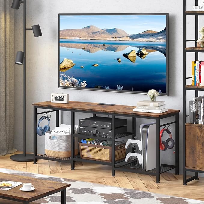 YGEOMER Entertainment Center for 55 inch TVs, TV Stand with Power Outlet and Open Storage Shelves, TV Media Console Table for Living Room and Bedroom, Rustic Brown