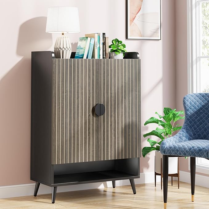 Tribesigns Shoe Cabinet with Doors, 7-Tier Shoe Storage Cabinet with Adjustable Shelves, Wooden Shoes Rack Shoe Storage Organizer for Entryway, Hallway, Closet, Living Room, Gray