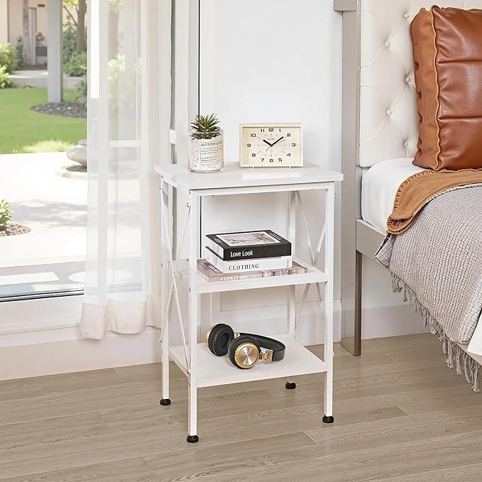 VECELO End Table Set of 2, Bedside Table, 24" Tall Living Room End Tables, X-Design Reinforced Nightstands, Side Table with 3-Tier Storage Shelves for Small Spaces, Office, Bedroom, Pearl White