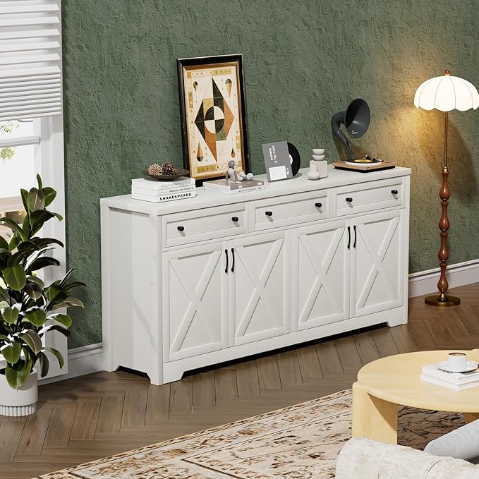 66'' Farmhouse Sideboard Buffet Cabinet with Storage, Large Kitchen Storage Cabinet with Barn Doors Drawers, White Coffee Bar Table for Dining Room Kitchen